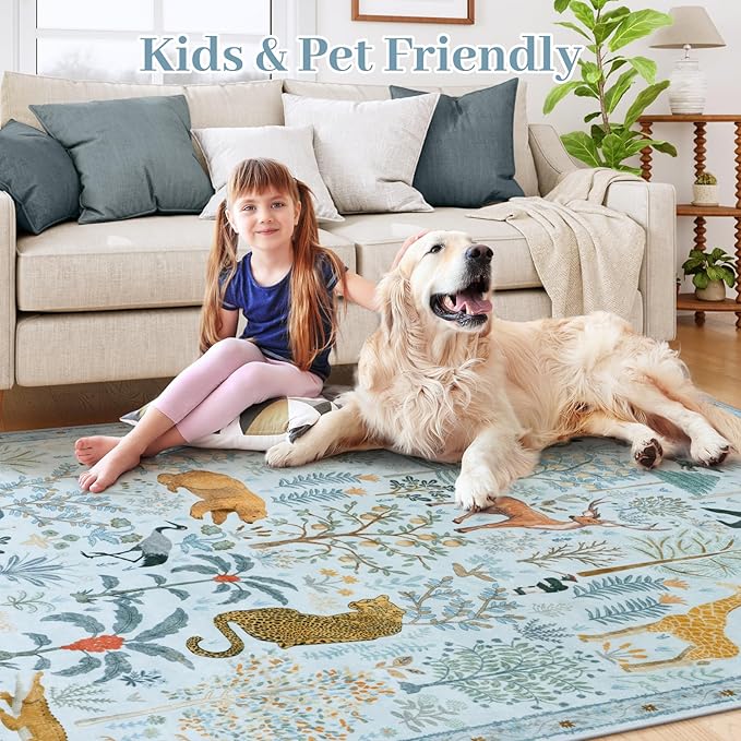 OJIA Animal Print Washable Area Rug 5x7, Soft Nursery Rugs for Living Room Ultra-Thin Non-Shedding Kids Bedroom Rug, Stain Resistant Throw Rug Large Carpet for Dining Room, Light Blue-Ruum Studio Home