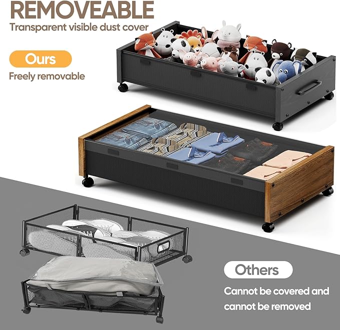 Wooden Under Bed Storage with Wheels, Rolling Under the Bed Storage Bins with Removable Lid, Metal Under Bed Drawers for Clothes and Shoes in Bedroom or Living Room(Walnut Brown-1pack)-Ruum Studio Home