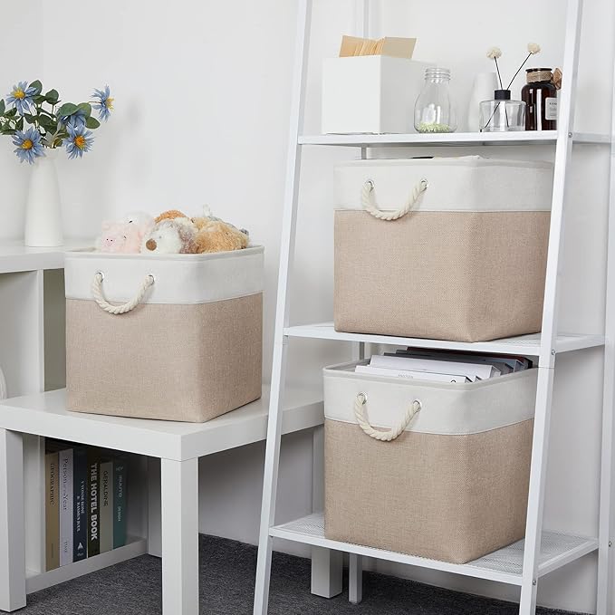 Bidtakay Fabric Storage Baskets for Organizing Beige 13 Inch Collapsible Square Baskets 3 Pack Organization Bins Large Cube Storage Bins Closet Baskets for Shelves Clothes-Ruum Studio Home