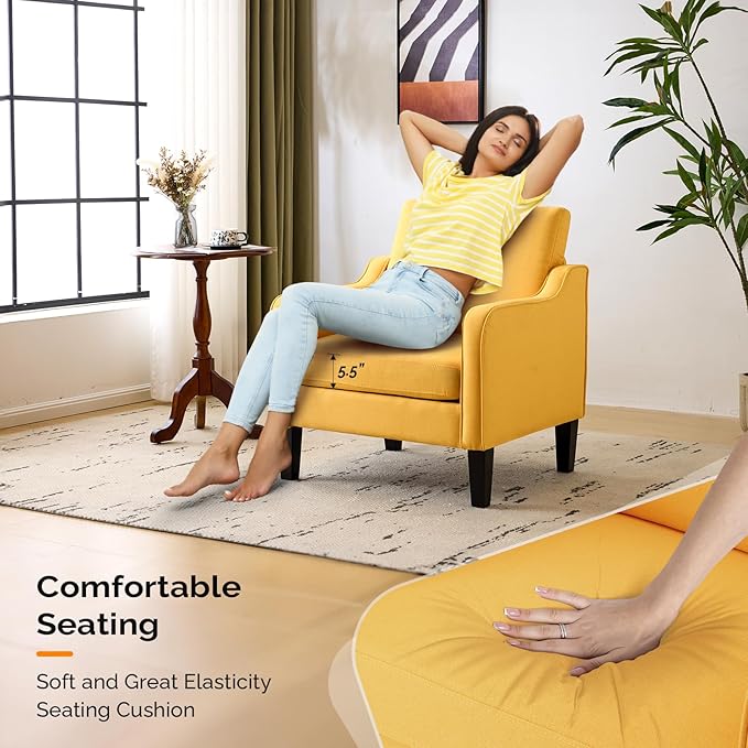 VINGLI Accent Chair for Living Room Chairs Yellow Reading Chair for Bedroom Scooped Arm Chair Mid Century Modern Accent Chairs Upholstered Comfy Chair for Apartment, Waiting Room-Ruum Studio Home