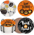 Coaster for Drinks Set of 6, Happy Halloween Trick or Treat Pumpkin Absorbent Round Ceramic Stone Mat, with Cork Base and Metal Holder, Gift for Housewarming Room Bar Decor-Ruum Studio Home