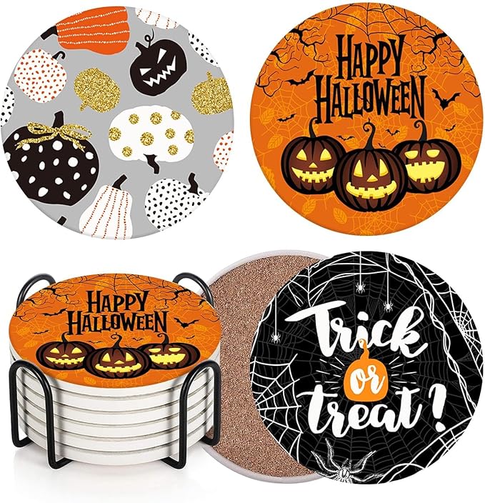 Coaster for Drinks Set of 6, Happy Halloween Trick or Treat Pumpkin Absorbent Round Ceramic Stone Mat, with Cork Base and Metal Holder, Gift for Housewarming Room Bar Decor-Ruum Studio Home