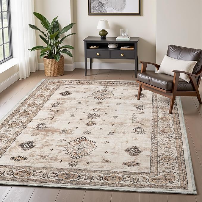 AMOAMI-Vintage Area Rug 3x5 Brown Rugs for Living Room-Soft Washable Rug Non Slip Entryway Rug Indoor Vintage Throw Accent for Bedroom Laundry Room Dining Bathroom Bedside-Ruum Studio Home