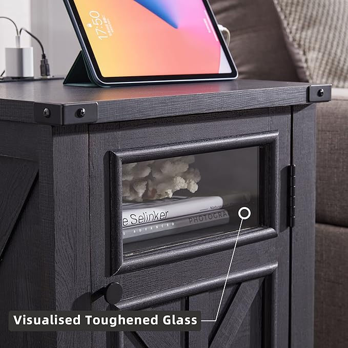 JXQTLINGMU Farmhouse End Table with Charging Station, 18'' Rustic Nightstand with Barn Door & Adjustable Shelf, Wooden Sofa Side Table with 3-Tier Storage for Living Room, Bedroom, Black-Ruum Studio Home