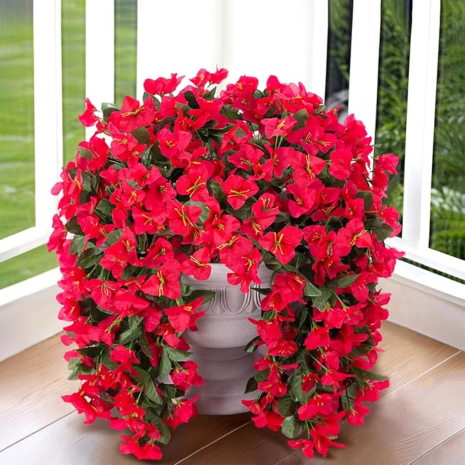Faux Bougainvillea Artificial Flowers Plants for Outdoor Outside Decoration, 2 PCS Red Fake Flowers UV Resistant Look Real Silk Long Trailing Vines for Front Door Porch Planter Urn Patio Garden Yard-Ruum Studio Home