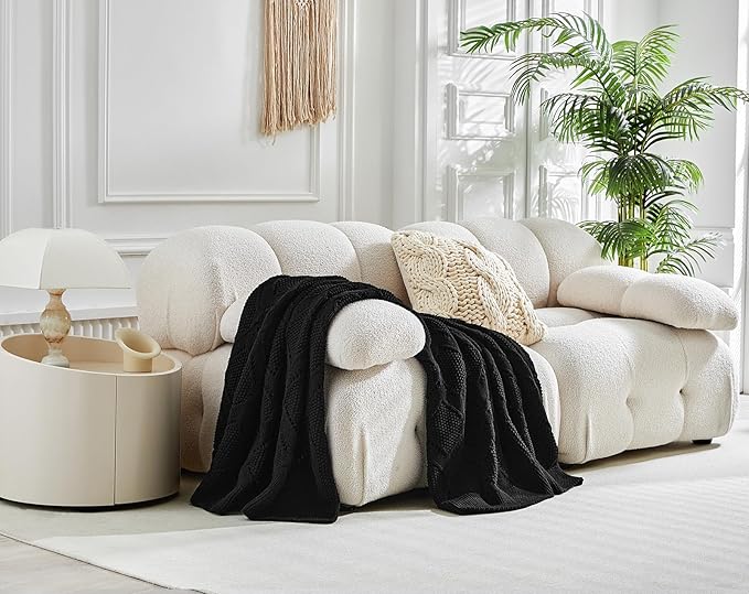 Longhui bedding Chunky Cotton Knit Throw Blanket for Couch, Sofa, Bed, or Chair, Decorative Breathable Fall Cable Knit Blanket 60 x 80 Inches, Large Black-Ruum Studio Home