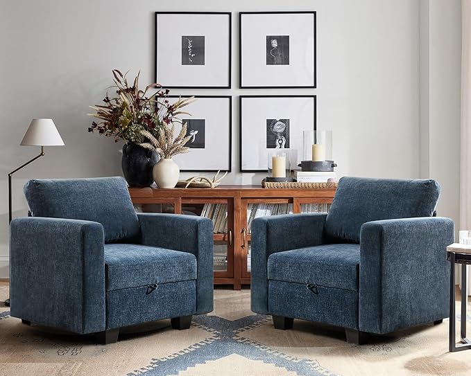 38.5 Oversized Accent Chair with Storage Blue Chenille, Single Modern Accent Sofa Chair with Arms for Apartment Living Room (21" Deep Seat)-Ruum Studio Home