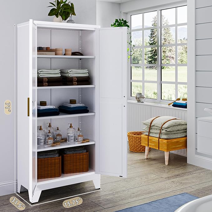 71'' Farmhouse Metal Storage Cabinet with Barn Doors,Steel File Cabinet for Home Office,Kitchen Pantry 4 Adjustable Shelves,Freestanding Cupboard for Kitchen,for Home Office,School (White)-Ruum Studio Home