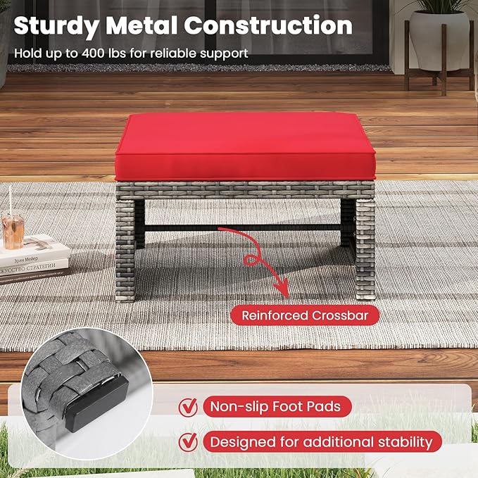 Tangkula 2 Pieces Patio PE Rattan Ottomans, Multipurpose Outdoor Footstool Footrest Additional Seating Side Table with Soft Zippered Cushions for Deck, Garden, and Yard (Red)-Ruum Studio Home