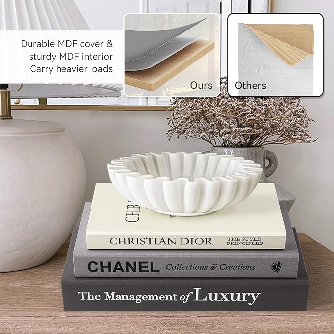 Aesthetic Decorative Books -Set of 3 Minimalist Linen Hardcover Faux/Fake Books for Coffee Table Home Decor Living Room Decoration, Photo Storage or as a Keepsake Box(Black-gray-beige-luxury)-Ruum Studio Home