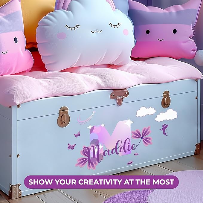 CRYPTONITE Custom Stickers Name Wall Decor with Purple Flower | Custom Name & Initial for Purple Wall Decor | Flower Wall Decals for Bedroom Decor I Custom Decal for Baby Girl Nursery Decor(E. Floral)-Ruum Studio Home