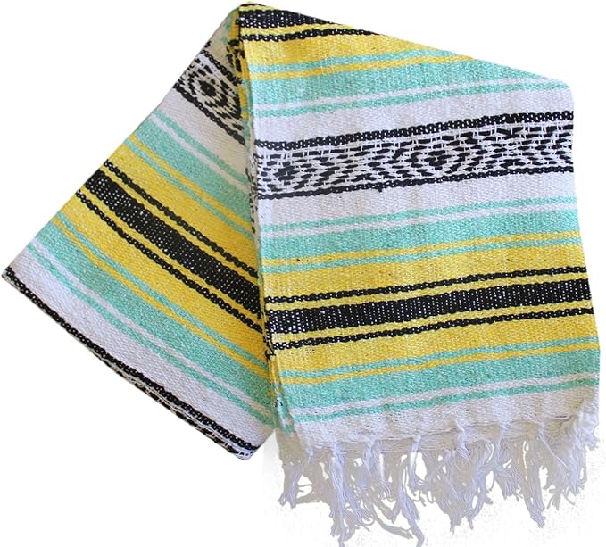Del Mex Classic Mexican Blanket, Large Authentic Woven Falsa Throw (70"x50"), Artisan Southwest Décor for Beach, Yoga, Outdoors (Mint/Yellow)-Ruum Studio Home