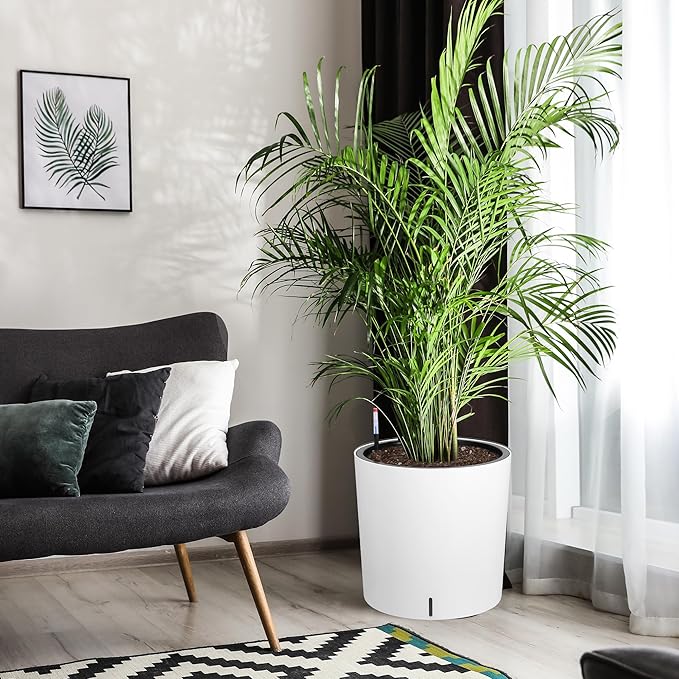 Tall Round Planter Set of 2, 19.5‘’ H x 19.9" Dia Large Planters for Indoor Plants with Built-in Drainage and a Water Level Monitor and Wheels for Patio, Porch, Living Room, or Home Office, White-Ruum Studio Home