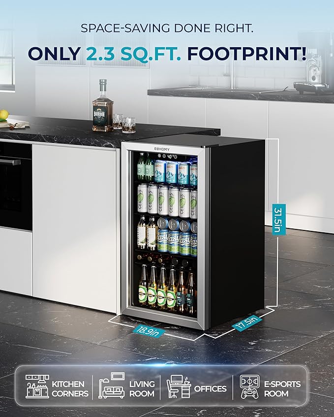 EUHOMY Beverage Refrigerator and Cooler, 128 Can Mini fridge with Glass Door, Small Refrigerator with Adjustable Shelves for Soda Beer or Wine, Perfect for Home/Bar/Office, Silver-Ruum Studio Home