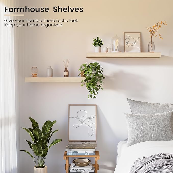 Natural Wood Floating Shelves 24”x 8”x 1.4” Book Shelf Floating for Wall Mounted, Heavy Duty Shelf Hold 60 lbs, Unfinished Wall Shelves for Bathroom, Living Room, Kitchen, Bedroom, Office-Ruum Studio Home