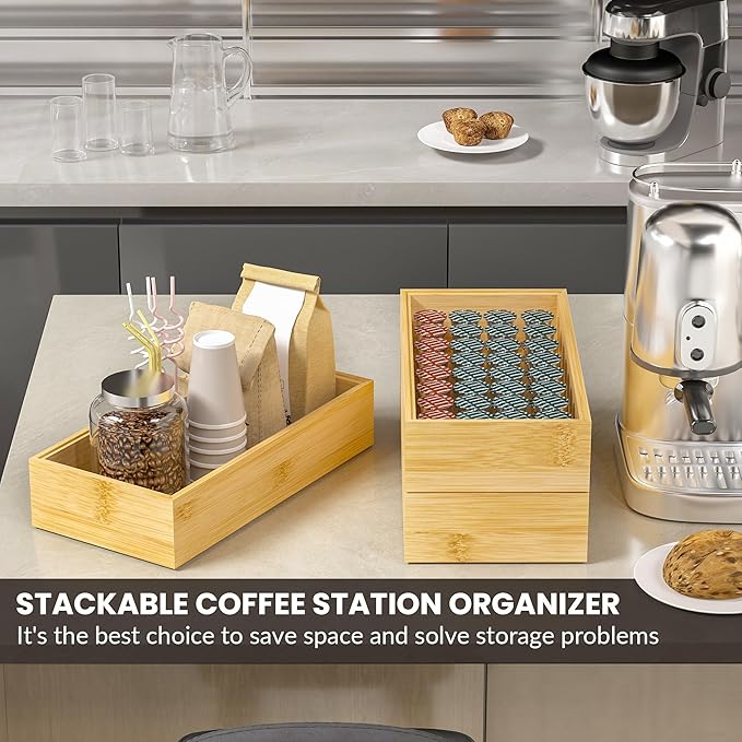 Kitchen Drawer Organizer Bins, Stackable Bamboo Drawer Organizer for Silverware, Flatware, Coffee Pod Organizer K Cup Holder for Countertop, 2 Pcs Coffee Station Organizer 12" x 6" x 2.5"-Ruum Studio Home