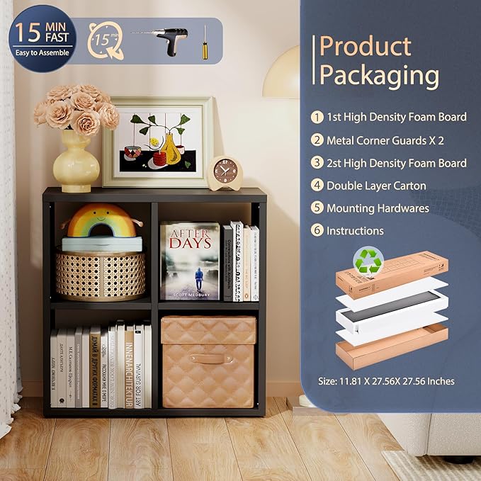 4 Cube Storage Organizer, Cubicle Open Back Decorative Book Shelf, 2-Tier Space Saving Storage Shelf Bookcase, Metal Display Shelf for Living Room,Office,Closet-Ruum Studio Home