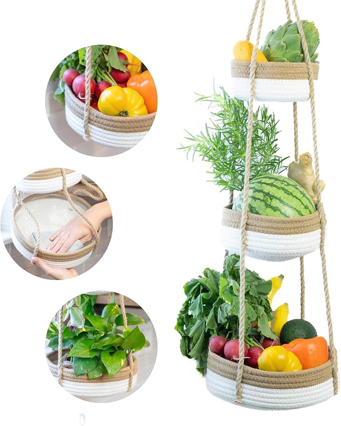 CEDAR+PINE 3-Tier Lined Hanging Fruit Basket Natural Woven Cotton with Strong Jute Rope Hanger in Gift Box Modern Hanging Basket for Kitchen-Ruum Studio Home