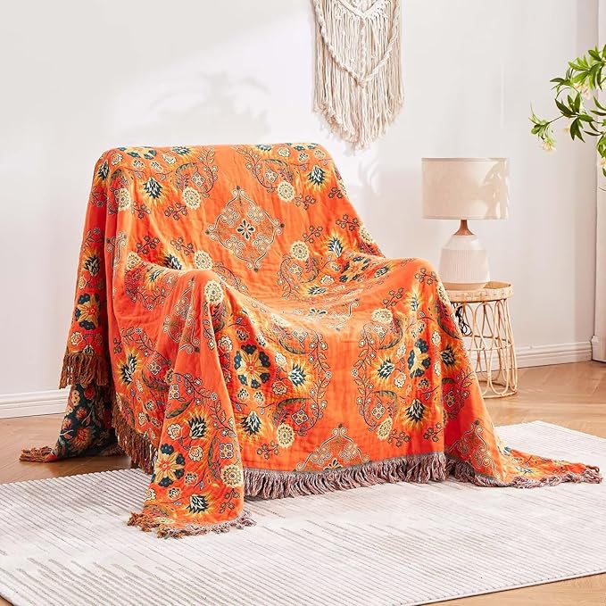 Boho Throw Blanket, 100% Cotton Ultra Soft Luxury Throw Rustic Quilt, 80"x90" Floral Printed Farmhouse Decor Bed Summer Blankets, All Season Rustic Reversible Bohemian Throw for Bed - Orange-Ruum Studio Home