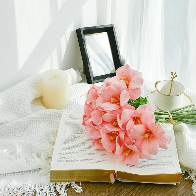 Mandy's Artificial Tulips 12 Stems Pink Fully Bloomed PU Faux Flowers for Wedding Home Decor 13.5 Inch-Ruum Studio Home