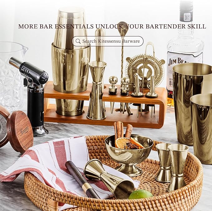 KITESSENSU Cocktail Shaker Set Bartender Kit with Stand | Bar Set Drink Mixer Set with All Essential Accessory Tools: Martini Shaker, Jigger, Strainer, Mixer Spoon, Muddler |Champagne Gold-Ruum Studio Home
