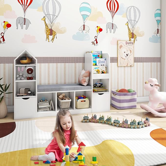Vabches Kids Bookcase and Bookshelf with Reading Nook, Multifunctional Bookcase with 7 Storage Cubbies 2 Movable Drawers, Bookcases with Seat Cushion for Toy Storage Organizer Children's Room, Bedroom-Ruum Studio Home