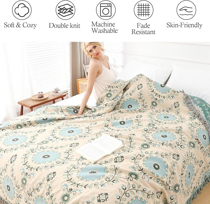 Snycler Boho Throw Blanket for Bed - 100% Cotton Ultra Soft Rustic Quilt - Blue Boho Floral Printed Farmhouse Decor Bed Blankets, 60"×80" All Season Rustic Throw for Sofa Couch Chair-Ruum Studio Home
