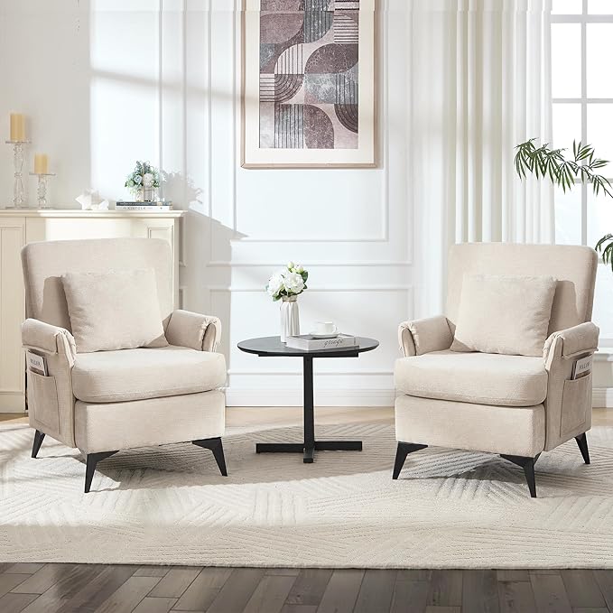 KCC Mid-Century Accent Chairs Set of 2,Chenille Modern Upholstered Single Sofa,Cozy Armchair with Back for Bedroom/Office/Cafe,Begie-Ruum Studio Home
