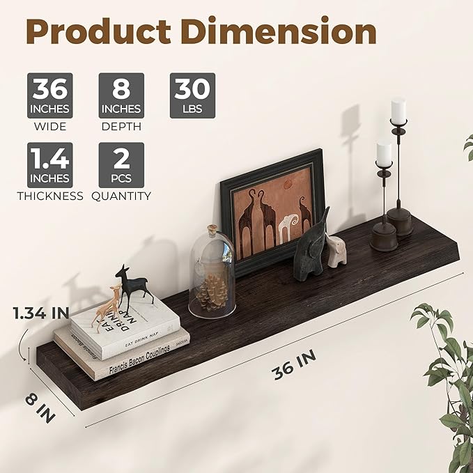 Axeman 36 inch Floating Shelves for Wall - 8'' D Live Edge Rustic Solid Elm Wood Floating Shelves Wall Mounted, Wall Shelves with Invisible Bracket for Living Room Bedroom Kitchen, Set of 2 Walnut-Ruum Studio Home