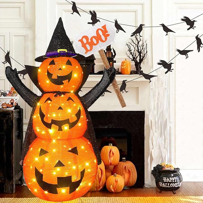 Halloween Decoration 4.3FT Retractable Jack-O-Lantern, 100 LED Collapsible Pumpkin Lantern with Black Star Hat, Plug in Halloween Lights with Stand for Indoor Outdoor Lawn Backyard Garden Decor-Ruum Studio Home