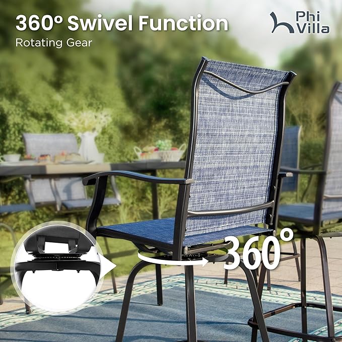 PHI VILLA 3 Piece Outdoor Bar Set, High Top Patio Bistro Table and Bar Chairs with Blue Textilene Fabric & Rustproof Metal Frame for Backyard, Balcony, Garden & Poolside-Ruum Studio Home