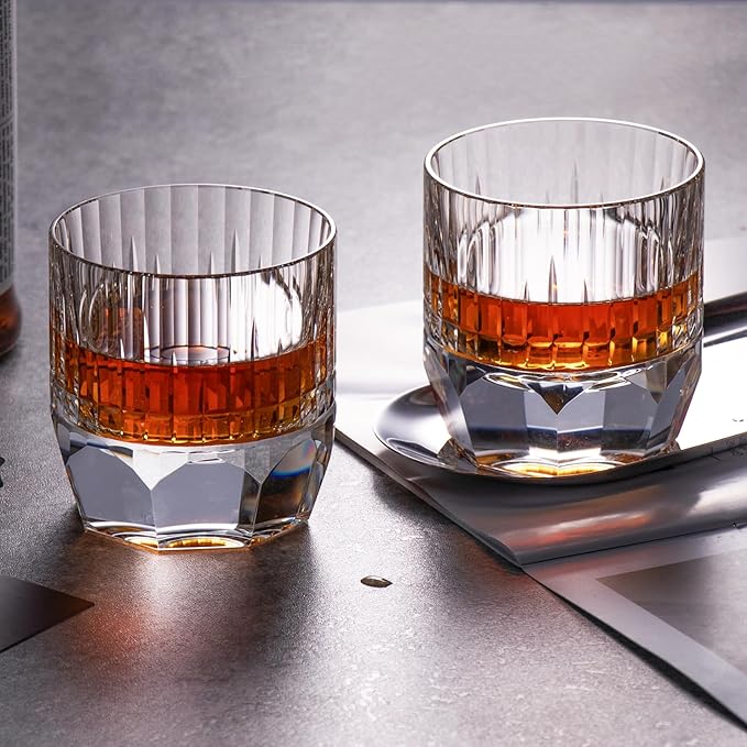 KAMMAK Crystal Whiskey Glasses Set of 2, 7.44oz Old Fashioned Glasses Stemless, Luxury Hand Blown White Cocktail Glasses, Handcrafted Cut Design Octagon Cup for Women, Men Gift for Bourbon-Ruum Studio Home