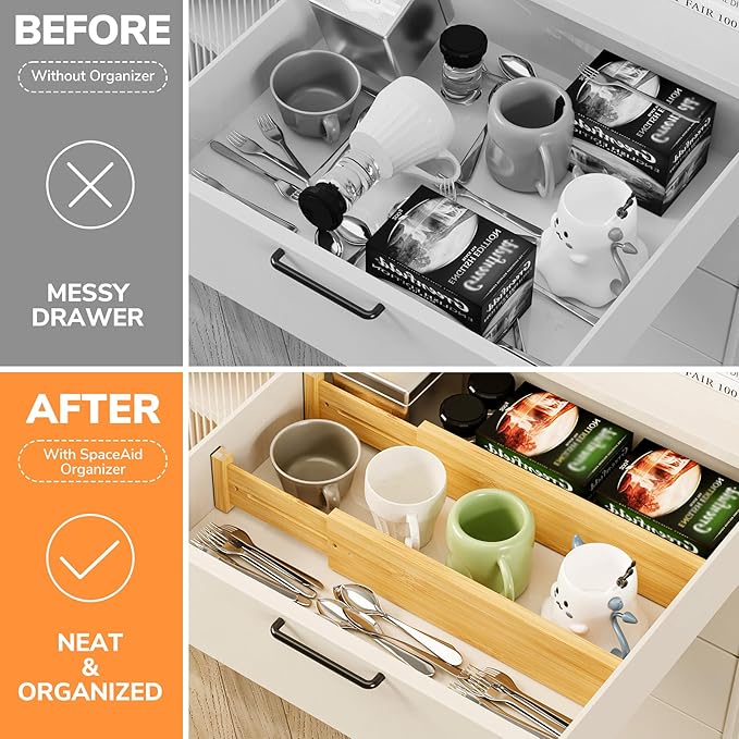 BAMEOS 4 pcs 3" High Bamboo Drawer Dividers Adjustable Drawer Organizer Expandable Drawer Organization Utensil Organizers for Kitchen Dresser Bathroom Bedroom and Office-Ruum Studio Home