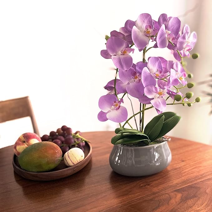SJC Orchids Artificial Flowers with Gray Vase Purple Faux Orchid Phalaenopsis Arrangements for Kitchen Table Centerpiece Home Decoration Indoor(3.54" D x 7.87" W x 20" H)-Ruum Studio Home