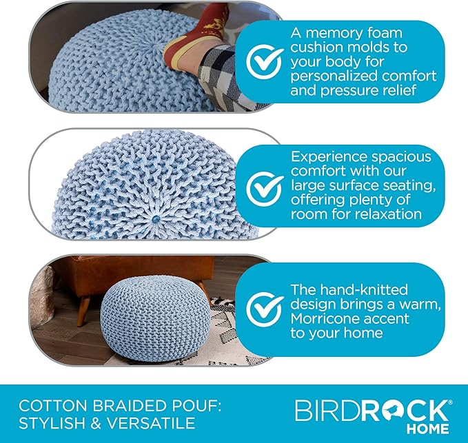 BIRDROCK HOME Round Pouf Ottoman | Cotton Braided Foot Stool with Bean Bag Filling | Boho Foot Rest for Living Room & Bedroom | Compact & Comfortable Seating, Lightweight & Soft | Soft Blue-Ruum Studio Home