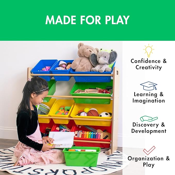 Humble Crew, Natural/Primary Kids' Toy Storage Organizer with 12 Plastic Bins, 34*35*15.5inch-Ruum Studio Home