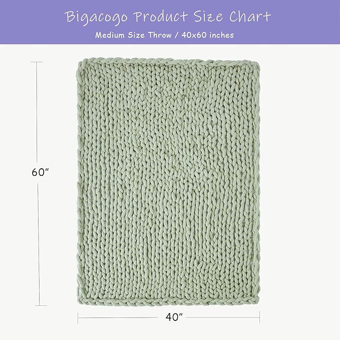 Bigacogo Chunky Knit Throw Blanket for Couch, 40x60 inches, 100% Hand Knitted with Thick Jumbo Chenille Yarn, Cozy Soft Large Rope Knot Cable Crochet Blankets for Sofa Bed Living Room, Sage Green-Ruum Studio Home
