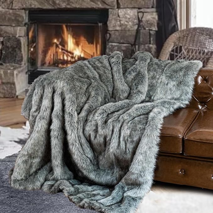 BATTILO HOME Silver Grey Faux Fur Throw Blanket for Couch, Bed, Fake Fur Blankets & Throws, Thick Warm Heavy Fluffy Fuzzy Elegant Furry Blanket Long Pile with Black Tips, 50"x60"-Ruum Studio Home
