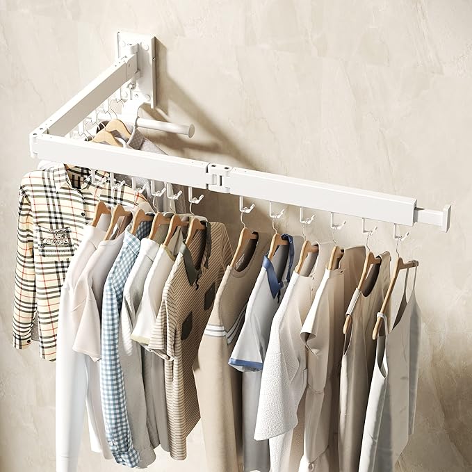 Wall Mounted Clothes Hanger Rack, Clothes Drying Rack,Laundry Drying Rack,Collapsible Clothes Rack Wall Mount, Retractable Drying Rack Clothing,can Fold Upward & Left & Right,White Color-Ruum Studio Home