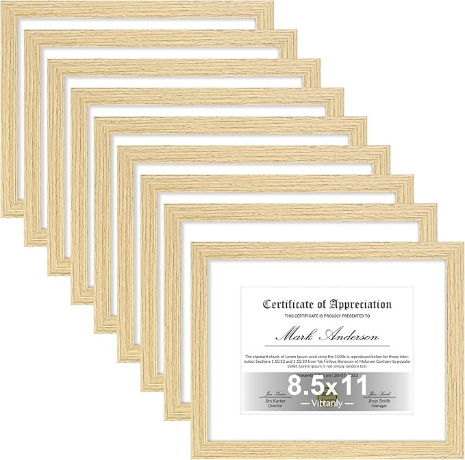 Vittanly 8.5x11 Picture Frames Set of 9, Shatter Resistant Plexiglass, Display 6x8 Pictures with Mat or 8.5x11 without Mat, Photo Frames for Wall or Tabletop, Engineered Wood, OAK-Ruum Studio Home