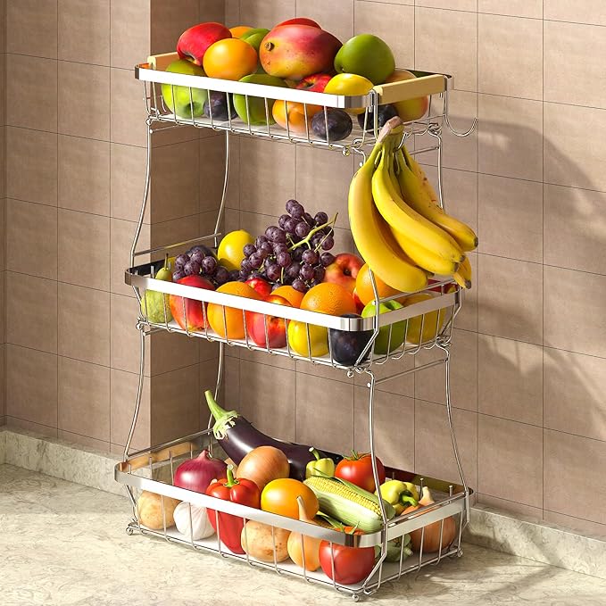 3 Tier Fruit Basket for Kitchen Counter with 2 Mobile Banana Hangers, 2025 Pro Detachable Metal Fruit Bowl with Wooden Handle, Fruit Holder for Bread Snack Veggies, Silvery-Ruum Studio Home