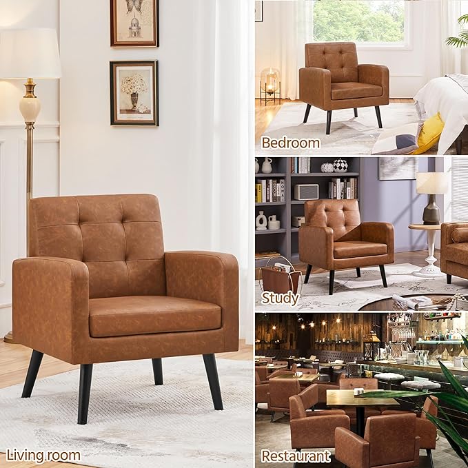 Yaheetech Mid-Century Accent Chairs, PU Leather Modern Upholstered Living Room Chair, Cozy Armchair Button Tufted Back and Wood Legs for Bedroom/Office/Cafe, Retro Brown-Ruum Studio Home