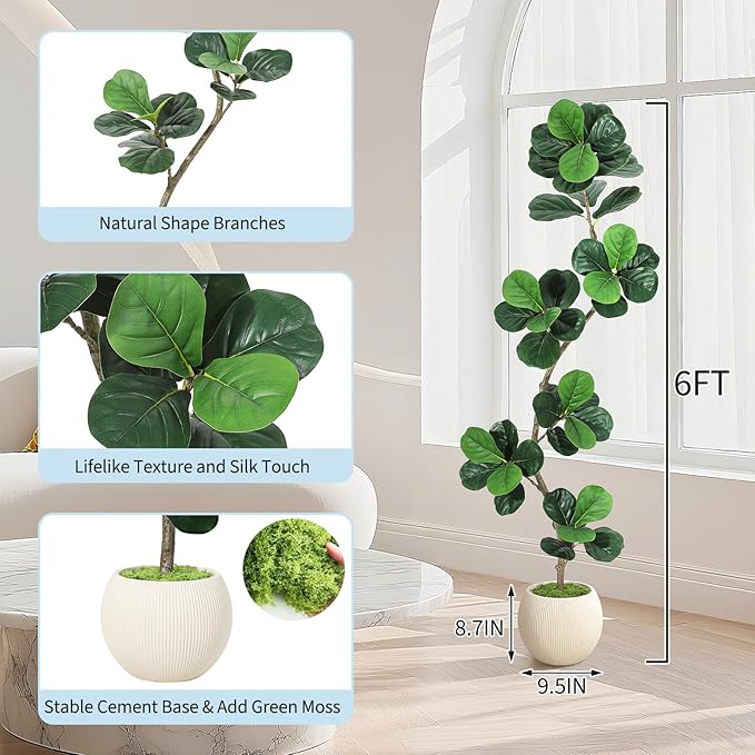 GarveeHome Fiddle Leaf Fig Artificial Tree with White Planter,6ft Faux Plants Indoor with Moss, Fake Rubber Tall Fake Floor Plant in Pot - Artificial Trees for Home Office Living Room Decor-Ruum Studio Home