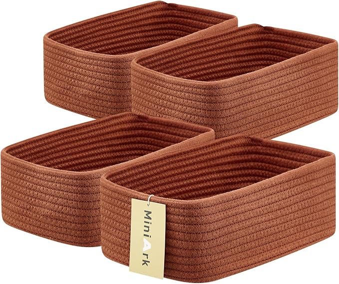 Small Storage Baskets for Organizing | Closet Organizer Bins | Shelf Toy Basket | Woven Rope Baskets | Cube Decorative Box | Shallow Basket | 11.5x7.5x4.7” | 4 Packs Oxide Red-Ruum Studio Home