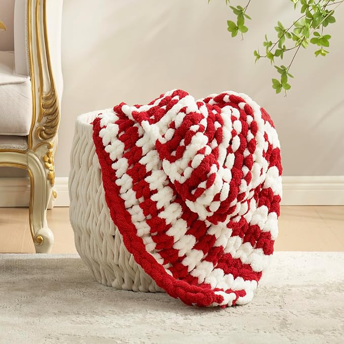Amélie Home Chunky Knit Blanket Throw, Thick Soft Yarn Chunky Throw 50x60, Handmade Chenille Cable Knitted Crochet Throw Blanket, Warm Rope Knot Blanket for Couch Bed Sofa, Red White Stripe-Ruum Studio Home