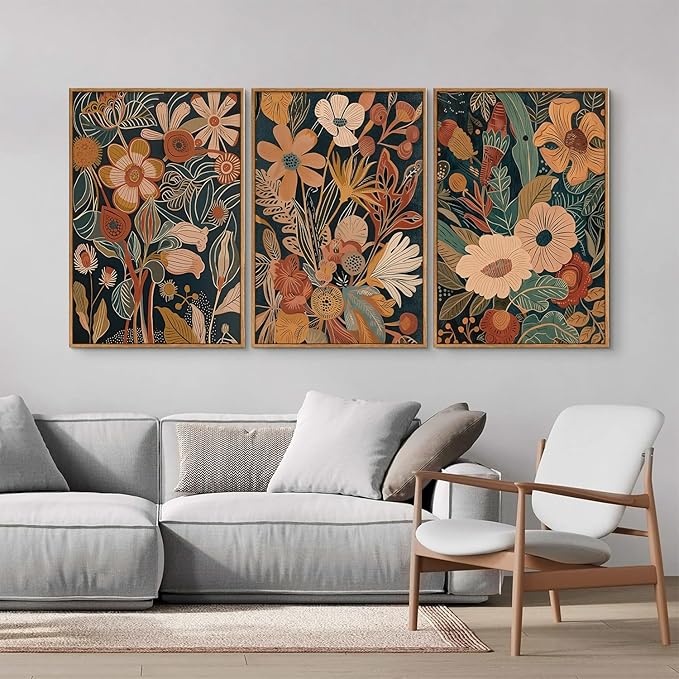 Tinonedraw Vintage Burnt Orange Floral Framed Canvas Wall Art Set of 3, Boho Chic Flower Artwork, Mid Century Modern Plant Wall Decor, Colorful Neutral Botanical Art Prints for Bedroom Living Room Office 16"x24"-Ruum Studio Home