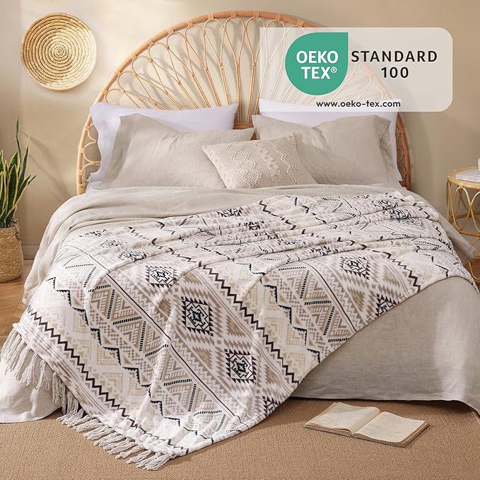 CASAAGUSTO Boho Throw Blanket - Beige and Gray Decorative Blankets with Tassel, Printed Flannel Bohemian Blanket for Chair, Bed, Sofa, Couch(60 * 80, Beige and Gray)-Ruum Studio Home