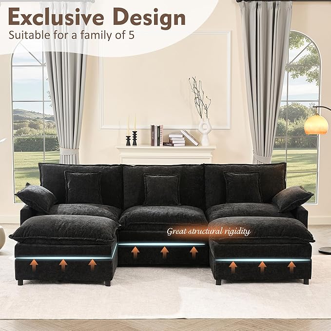 108" U Shaped Couch, Modular Sectional Sofa, 3-Seater Comfy Cloud Couch with Movable Ottoman, Deep Seat Couches for Living Room, Chenille, Black-Ruum Studio Home