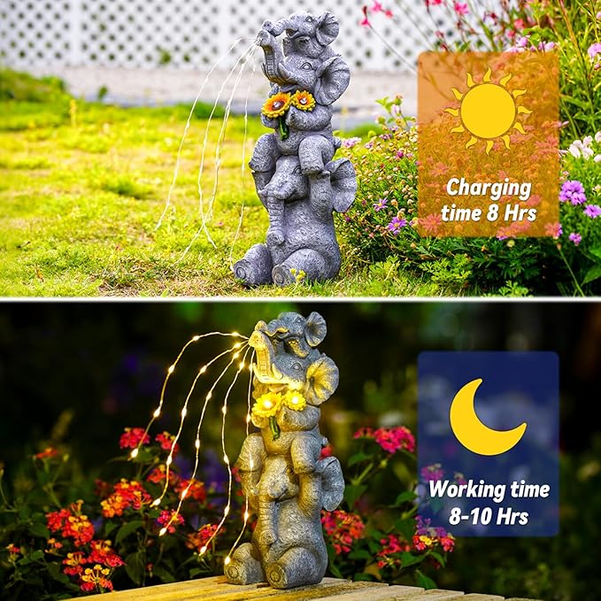 Solar Garden Decor Elephant Statue Outdoor, Luck Triple Elephant Decorations for Yard Porch Lawn Patio - Ideal Gifts for Women Mom Grandma Senior Elder or Birthdays 12"-Ruum Studio Home