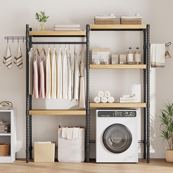 CABIHOME 5-Tier Over-The-Washer Shelf - Adjustable Height Laundry Organizer Space Saver, Double-Layer 100lb Shelves, 2 Hooks for Bathroom/Balcony (Natural& Black)-Ruum Studio Home